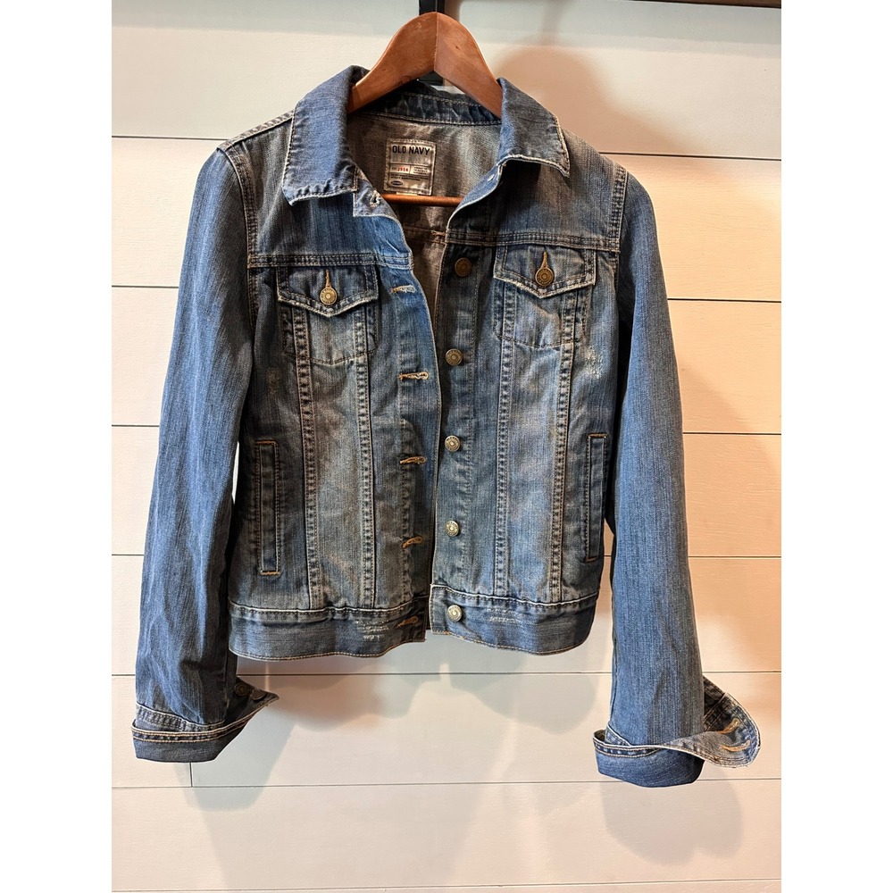 Old Navy Vintage Womens Denim Jacket Medium Wash Distressed Blue Jean Jacket S